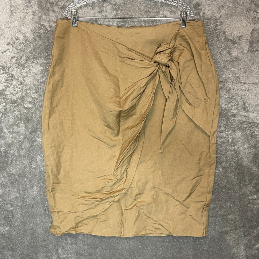 Ashley Stewart Women Linen Blend Minimalist Faux Wrap Pencil Skirt 16 NWT Tan